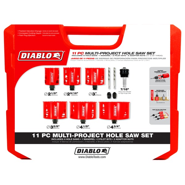 DIABLO® DHS11SLD Hole Saw Set, 2-3/8 in D Cutting, 6-Hole Saw, 11-Piece