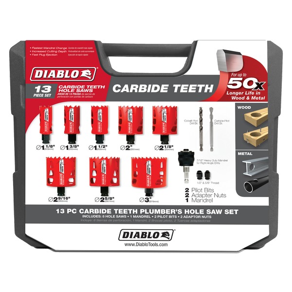 DIABLO® DHS13SPLCT Hole Saw Set, 2-3/8 in D Cutting, 8-Hole Saw, 13-Piece